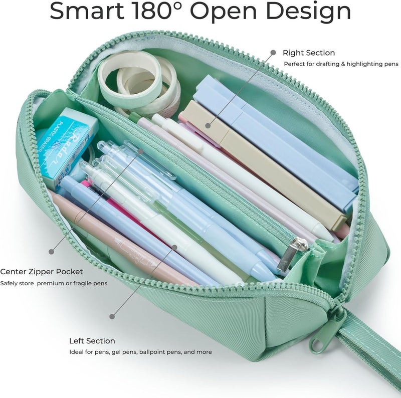 Ralnitote Store Large Pencil Case with 180° Open Design, Big Capacity Pen Bag for Girls & Boys, Aesthetic & Cute Pencil Pouch for School, Office, Makeup & Tech Accessories-Green - Image 2